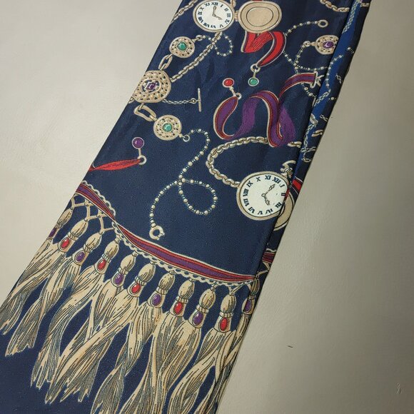 Navy Silk Scarf With Clock Tassel Print Long Rectangular Design Coat Accent - Picture 7 of 7